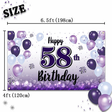 LASKYER Happy 58th Birthday Decorations,58th Purple Balloon Large Birthday Banner Backdrop Sign,58 Years Old Bday Party Supplies