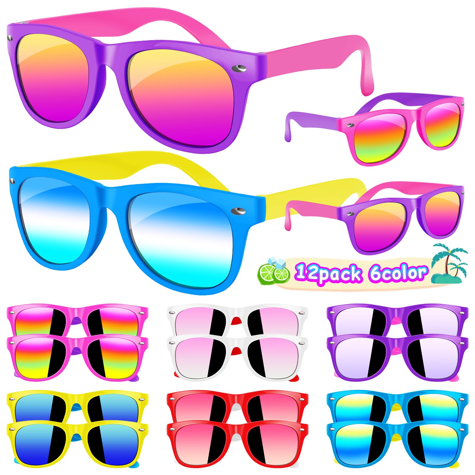 Kids sunglasses bulk, Kids Sunglasses Party Favor, 12Pack Neon Sunglasses with UV400 Protection for Kids, Boys and Girls Age 3-8