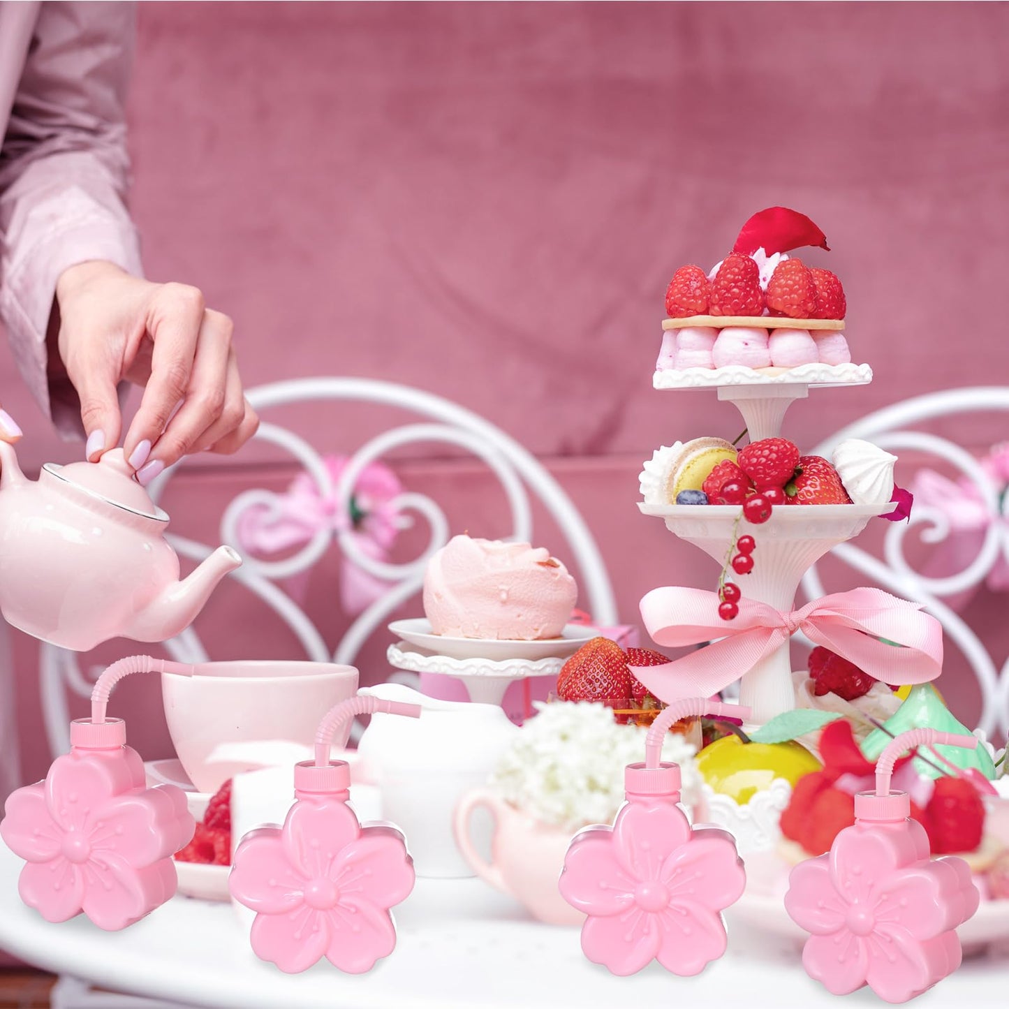 Domensi Sakura 10oz Flower Cups with Lids and Straws for Birthday, Themed Party, Wedding Baby Shower Party Decorations Supplies