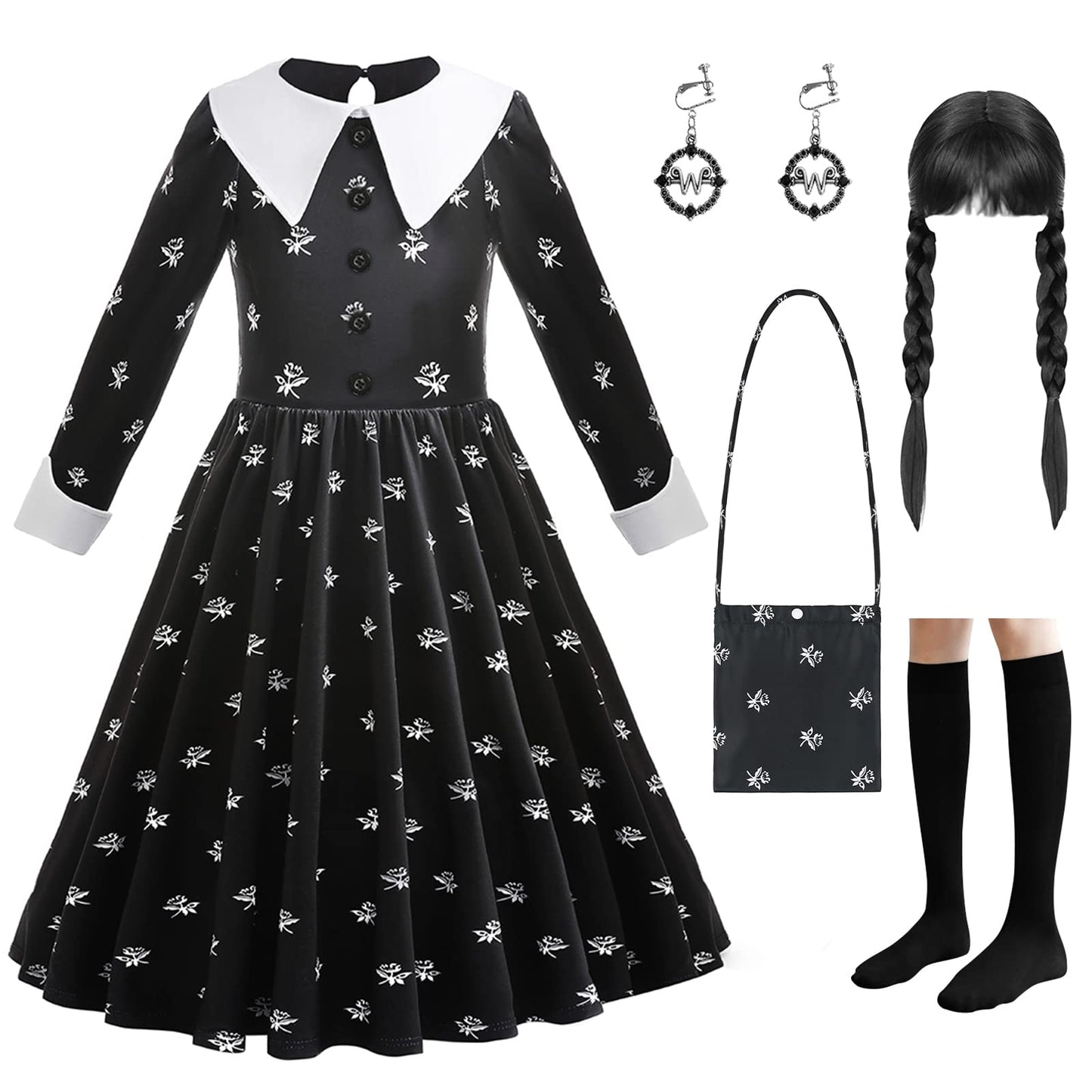 Lzh Kid Black Halloween Costume Dress For Girl Cosplay Princess Halloween Outfit With Wig Bag Earrings Socks