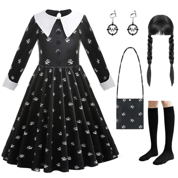 Lzh Kid Black Halloween Costume Dress For Girl, Little Kid Cosplay Princess Halloween Outfit With Wig Bag Earrings Socks