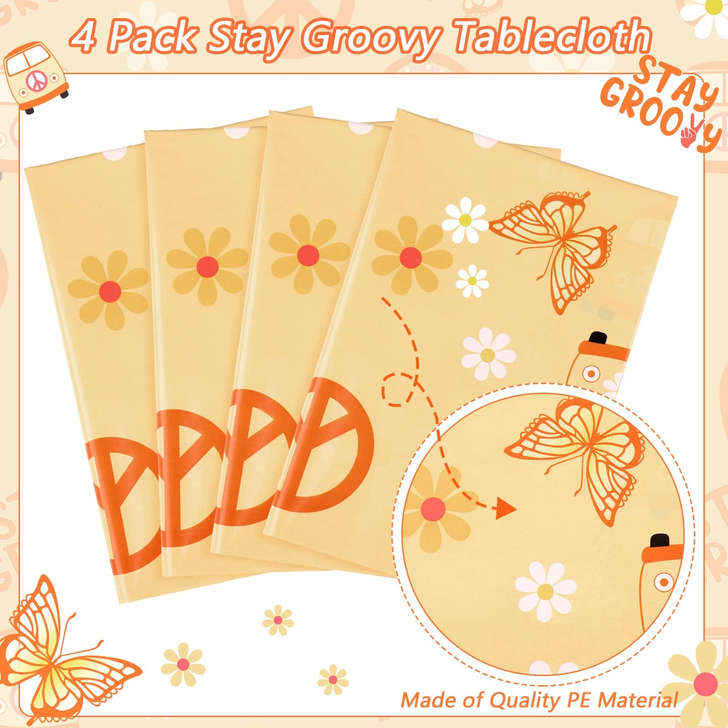 4 Pcs Stay Groovy Tablecloth Retro Hippie Boho Party Table Covers Daisy Flower Bohemian Rainbow Tablecloths Disposable Waterproo