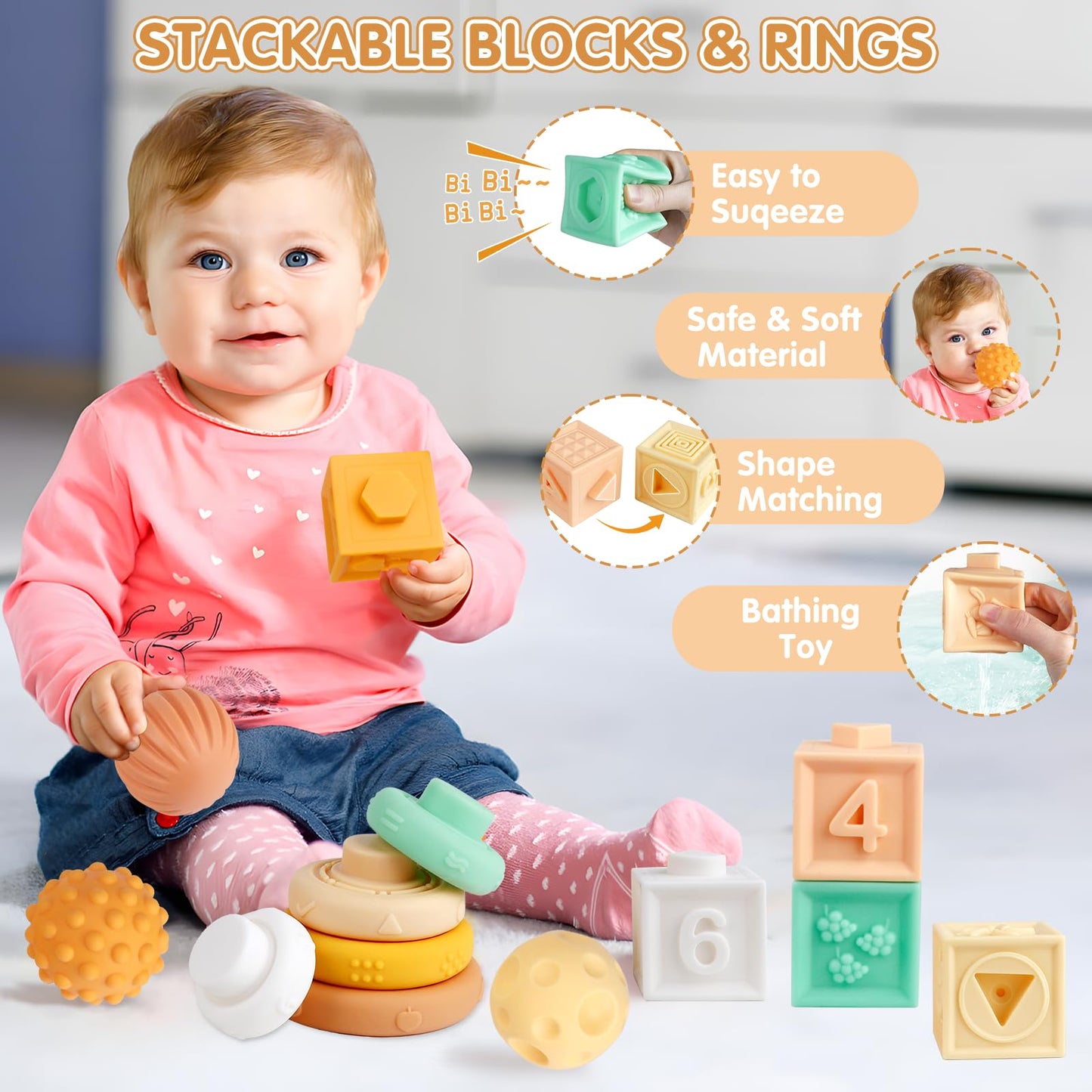 Montessori Baby Toys for 6-12 Months 1+ Year Old 6 in 1 Musical Instruments for Toddler Stacking Blocks Rings Development Learning Educational Toy with Wooden Xylophone for 1 Year Old Boys Girls