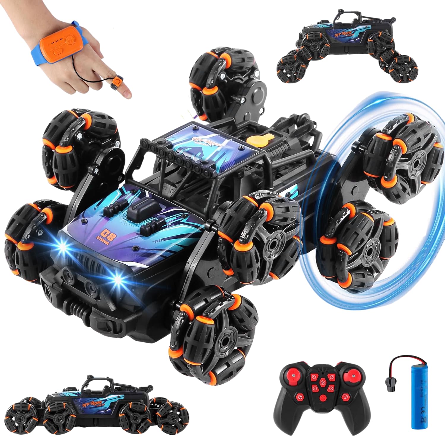 Vikrida 8 Wheel Remote Control Car With Lights, Music & 360 Rotation - Hand Control Rc Vehicle Toy For Kids & Adults - Black