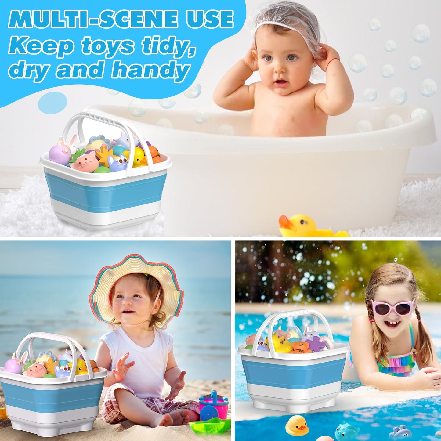 Anivia Foldable-Bath-Toy-Storage-Organizer, Bath Toy Holder With Removable Base, Quick-Drain-Drying Bathtub Toy Storage, Basket Bathroom Shower Toys Holder For Kids (Blue)