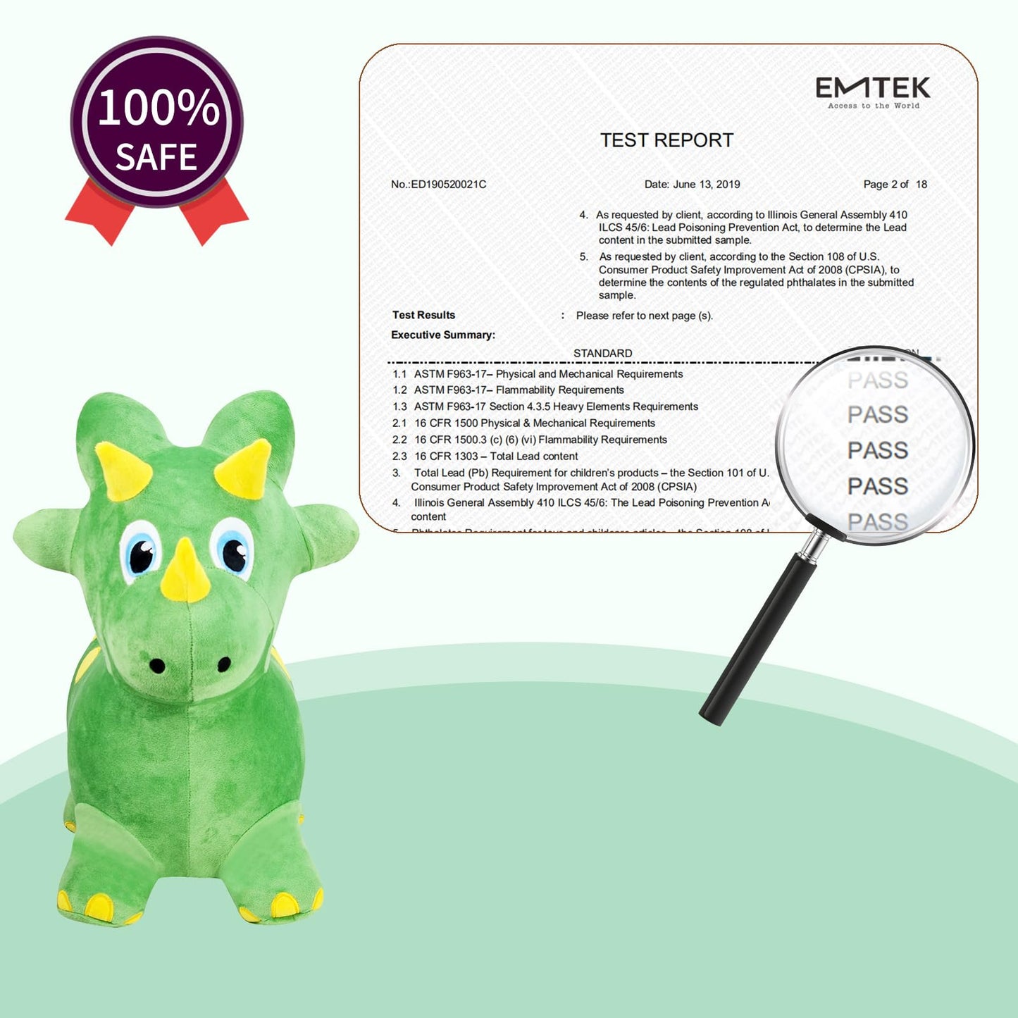 INPANY Bouncy Dinosaur Hopper Toy, Green Plush Triceratops, Medium Size, Inflatable Ride-On for 2-4 Year Old Kids, Indoor/Outdoor Fun