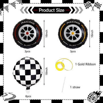 Stcomart 18 Inch Race Car Wheel Balloons, Black And White Checkered Balloons For Birthday Party, Race Car Theme Party, 12 Pcs