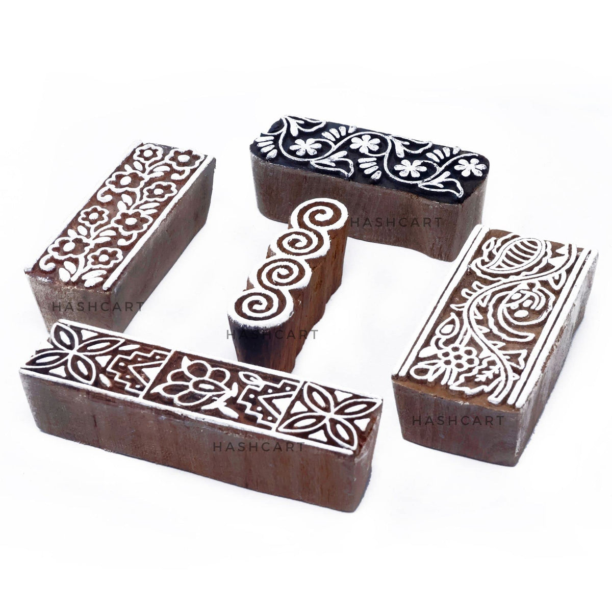 Hashcart | Set Of 5 | Handmade Wooden Border Shaped Block Printing Stamps For Saree Border Clay Pottery Craft Kids Art
