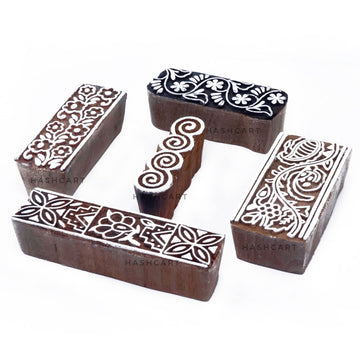 Hashcart | Set Of 5 | Handmade Wooden Border Shaped Block Printing Stamps For Saree Border Clay Pottery Craft Kids Art
