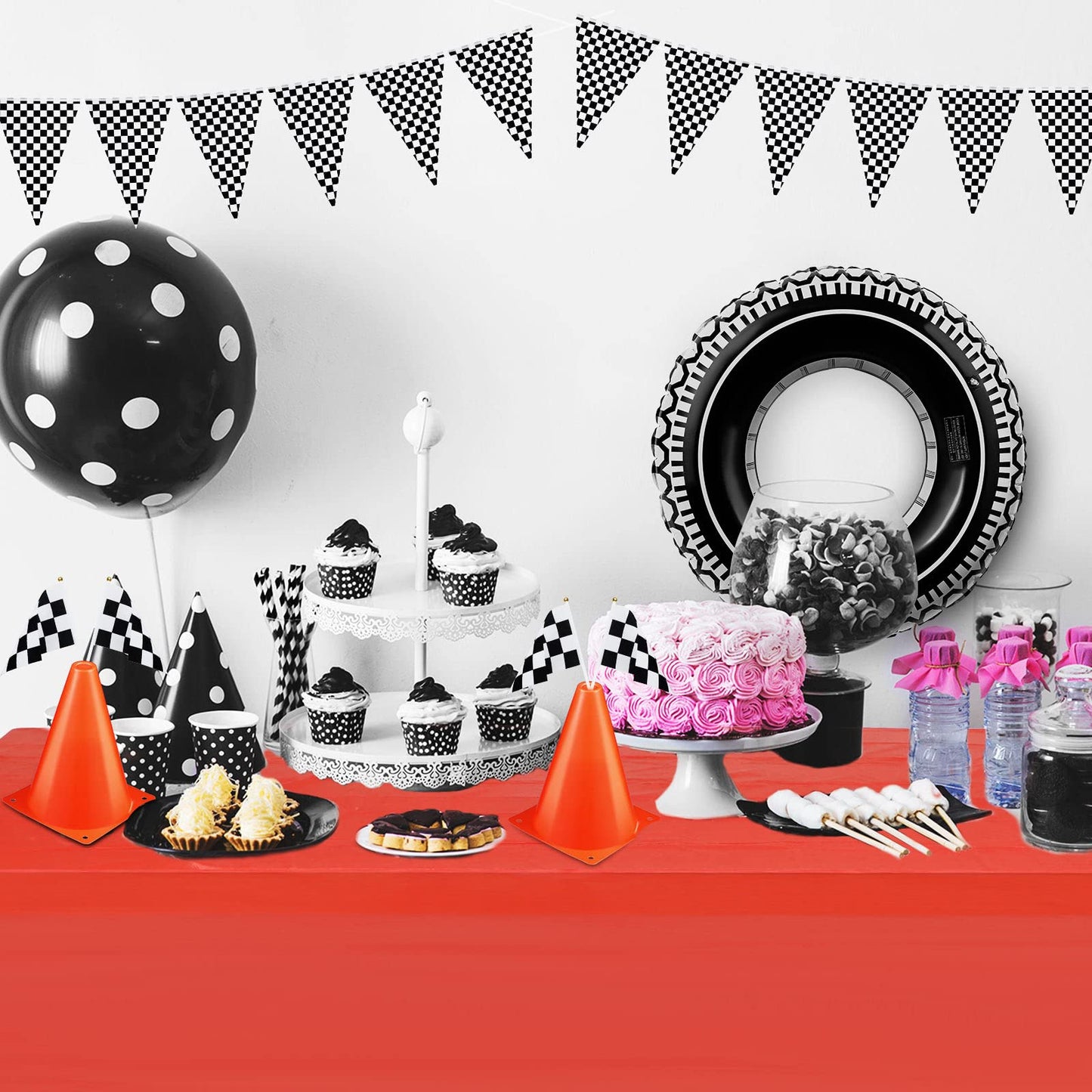 30 Pcs Checkered Racing Car Party Decorations Checked Race Flag Tablecloth Mini Traffic Cones Racing Pennant Banner Race Track Running Mat Tire Tubes Swimming For Decor (Red Tablecloth)
