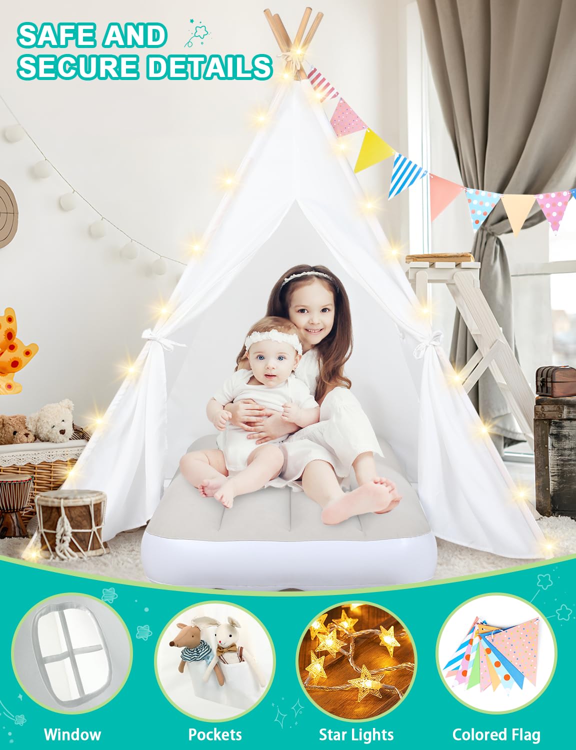 Teepee Tent For Kids Slumber Party 6 Pack - Inflatable Airbed & Star Lights & Colored Flag - Indoor Outdoor Toddler Play Tent Fo