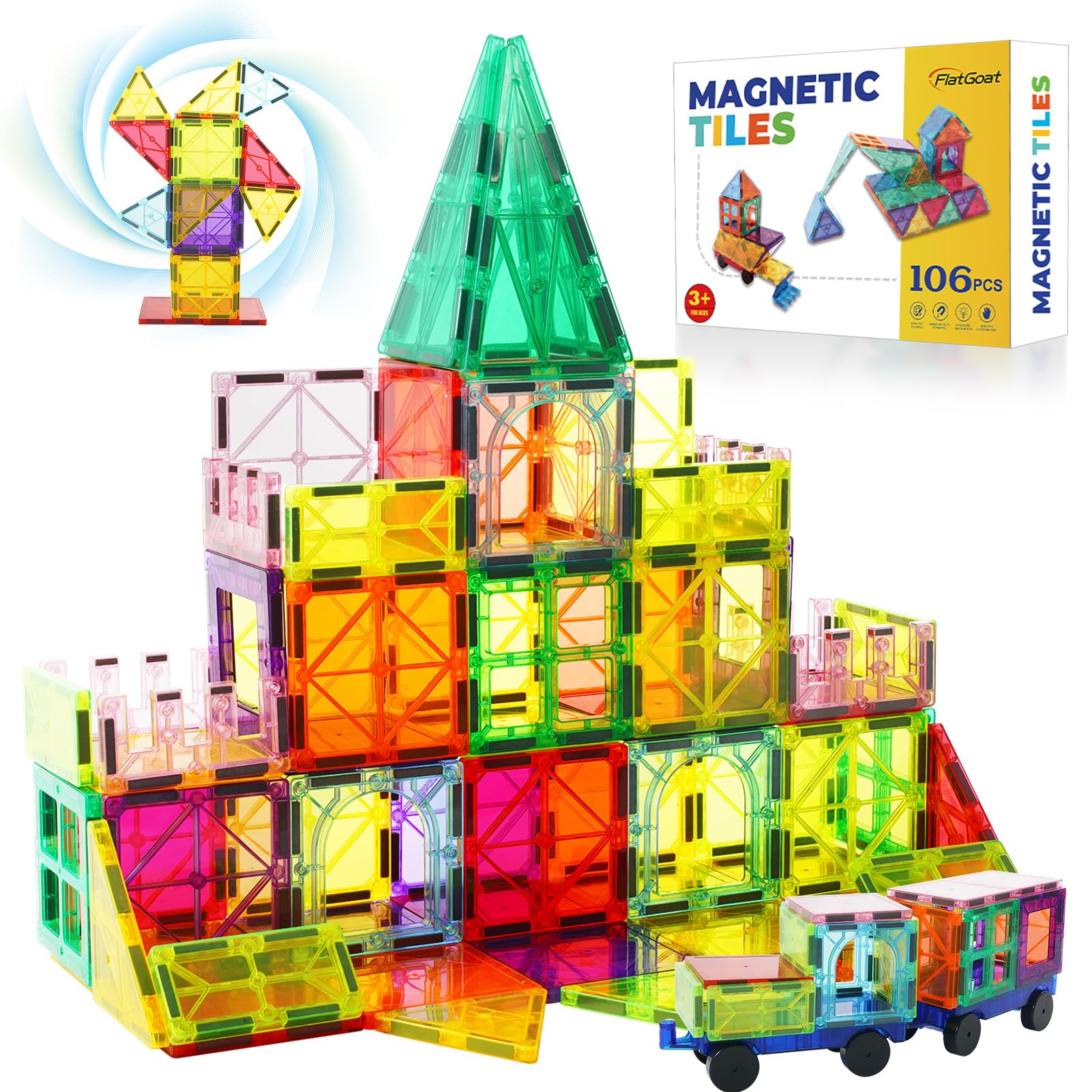Flatgoat Magnetic Tiles 106 Piece Set, Magnet Building Blocks For Kids Toddlers, Stem Construction Toys With Gift Box For Ages 3