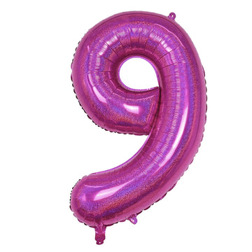 Laser Hot Pink Number 9 Balloons, Giant Foil Balloons 0-9 Set For Women Anniversary Party Decor, Self Inflating Dark Pink Helium