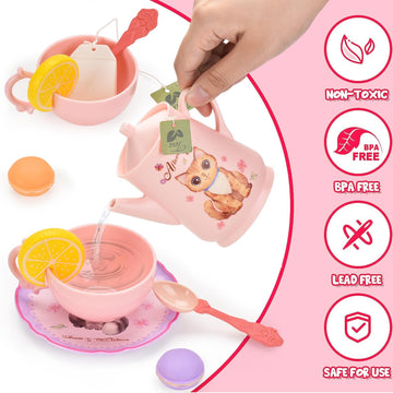 Lajeje Toddler Toys Tea Party Set for Little Girls - 44 pcs Pretend Plastic Teapot Set, Princess Tea Time Play Kitchen Toy with