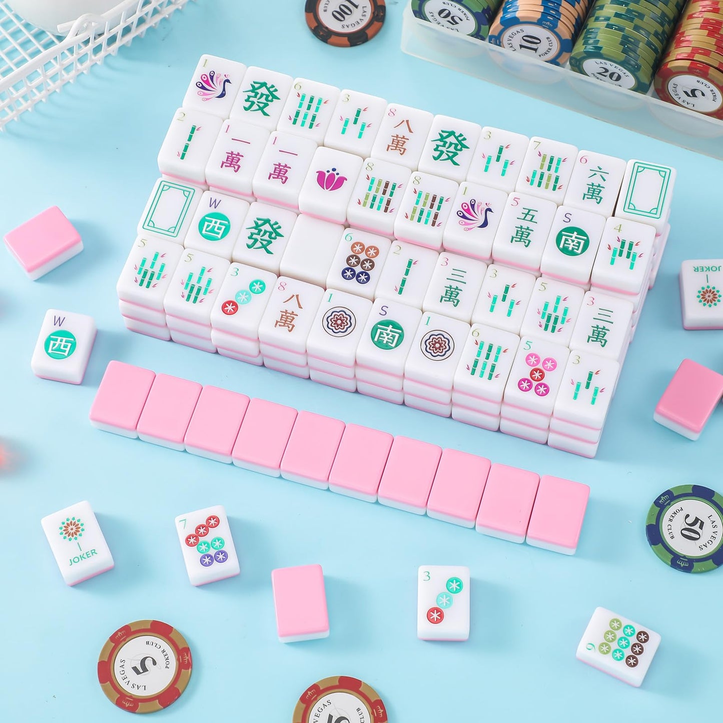 Arrowbash American Mahjong Set - 160 Hand Carved Tiles, 1.2" Size, Pink, Model TEA-Arrowbash-3136 for Social Parties and Gifts