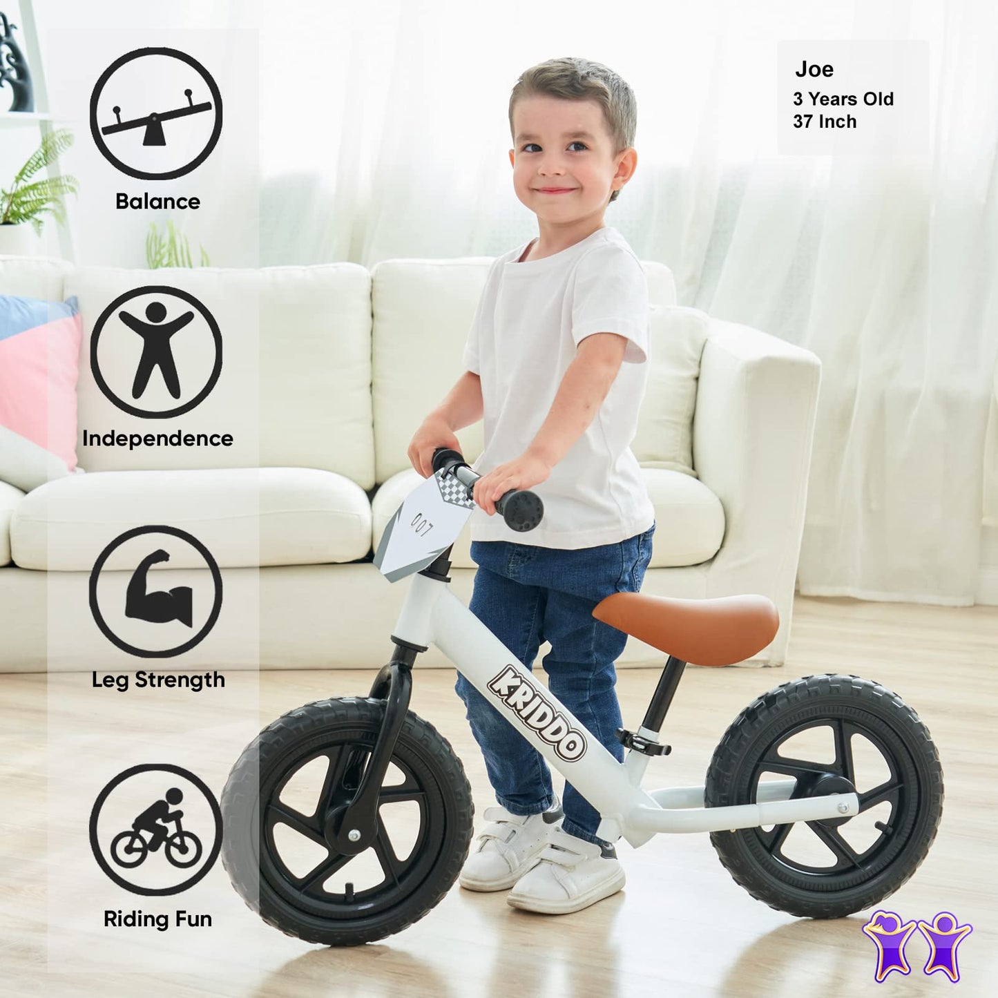 Kriddo Toddler Balance Bike 2 Year Old, Age 18 Months To 5 Years Old, 12 Inch Push Bicycle With Customize Plate (3 Sets Of Stickers Included), Steady Balancing, Gift Bike For 2-3 Boys Girls, Wh