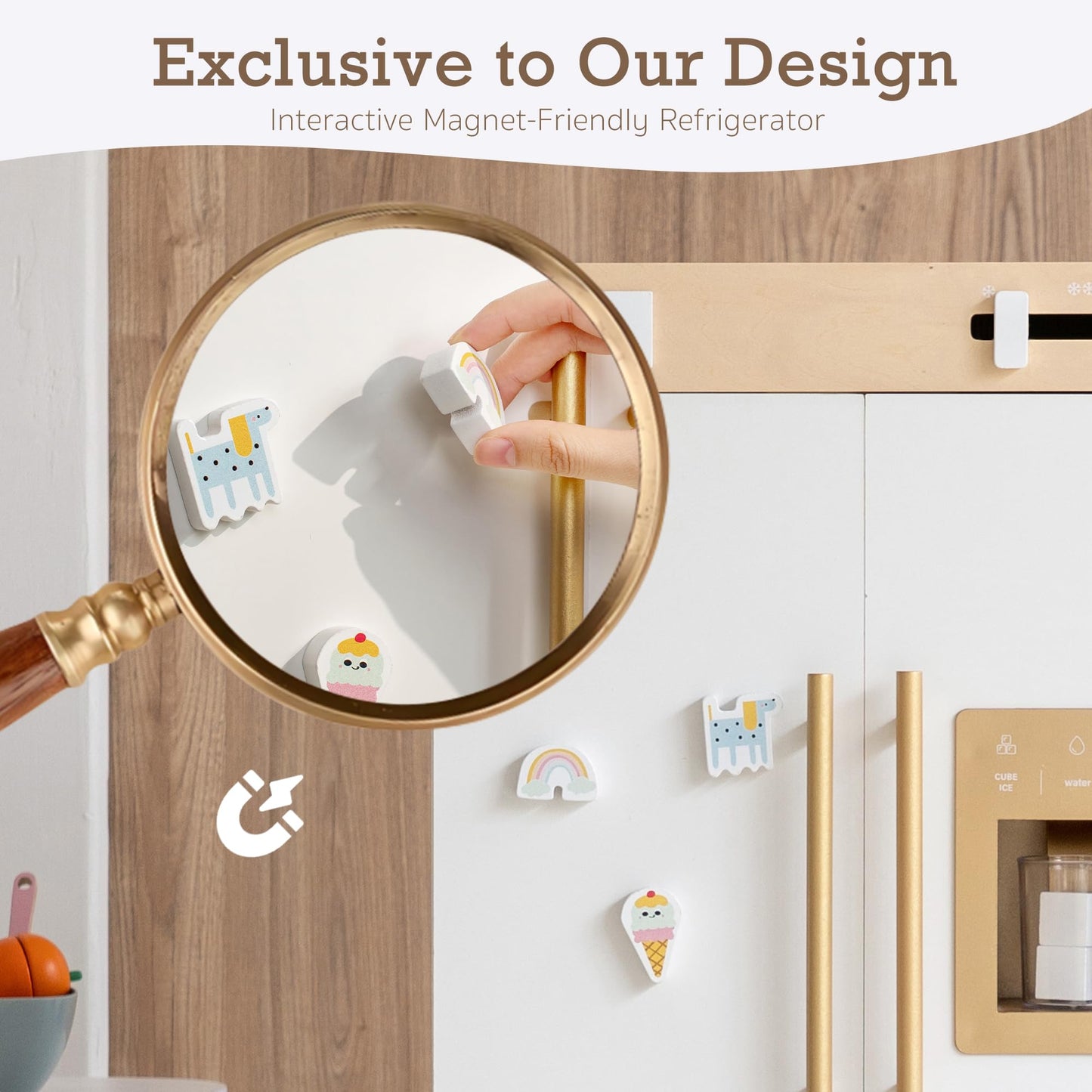 Wooden Play Kitchen Fridge - Interactive Ice Maker, Double Door Storage & Creative Fridge Magnets, Pretend Play Refrigerator For