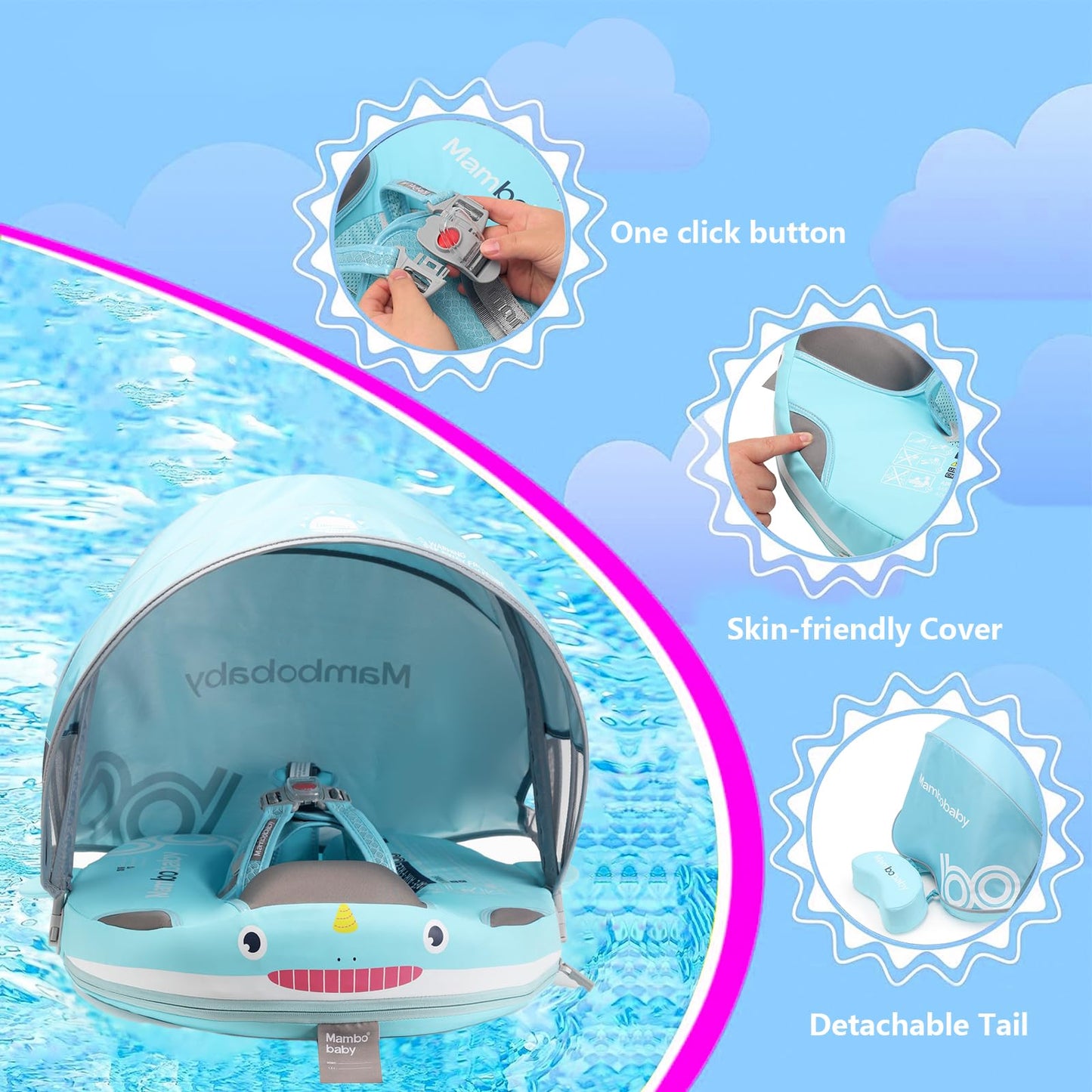 Mambobaby Float With Removable Upf50+ Uv Sun Protection Canopy, Infant Pool Float Swimming Float With Tail & Adjustable Safety S