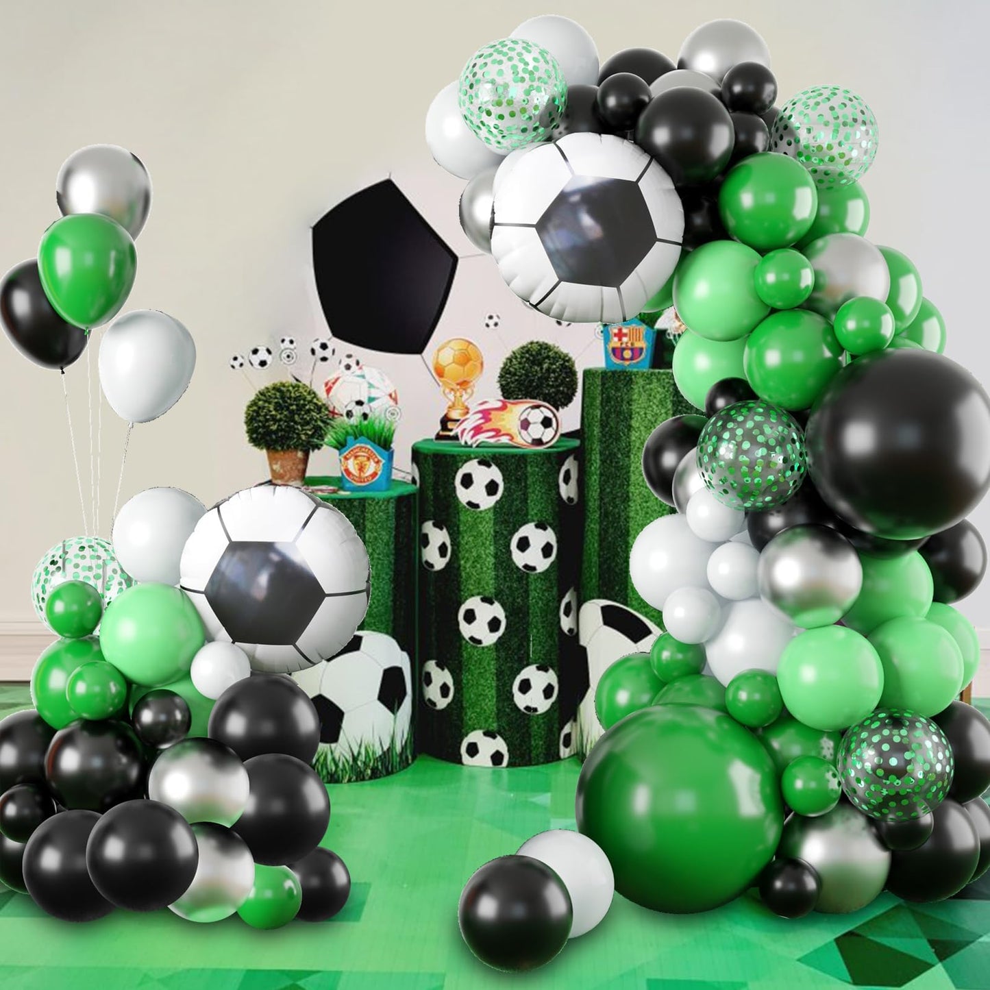 Gresatek Soccer Party Balloon Garland Arch Kit, Green Black White Metallic Sliver Balloons Decorations With Soccer Foil Balloon