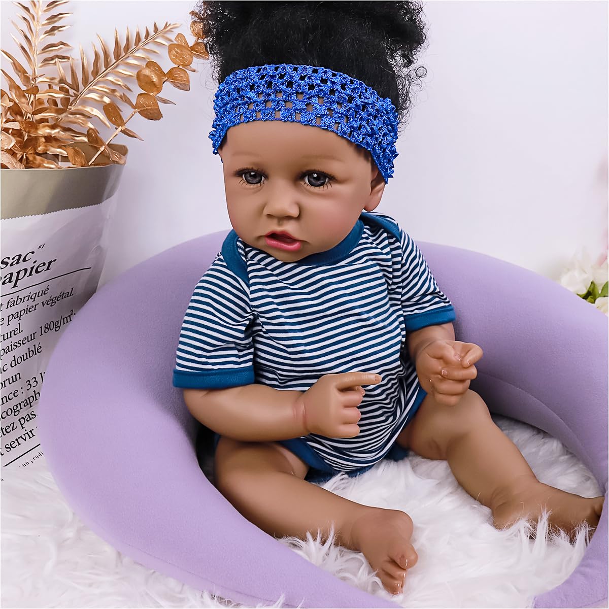 Maihao Reborn Baby Dolls Black Girl With Soft Body African American Real Life Babies Girl That Look Lifelike Newborn Baby Open Eyes 22Inch (Blue)