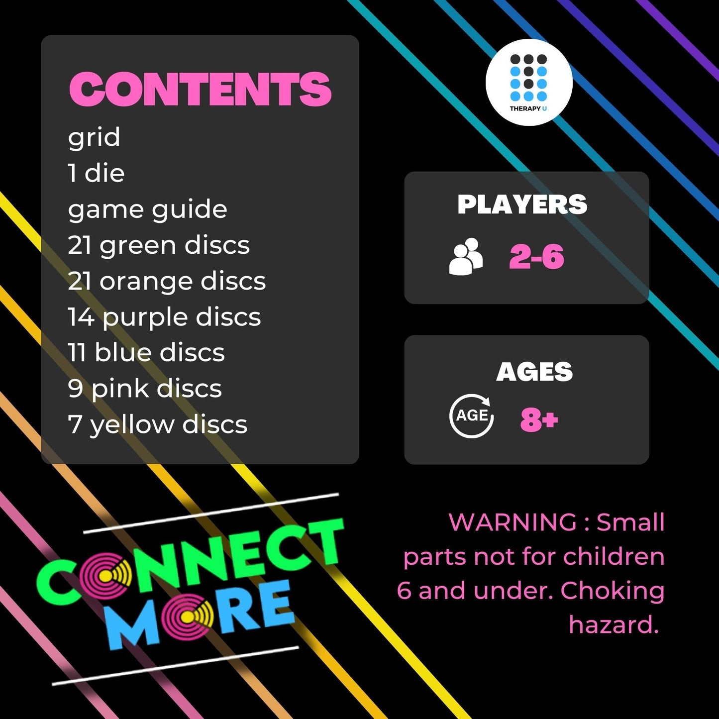Therapy U Connect More - Multiplayer Social Skills Game, Wood, 4 in a Row, 6 Players, Green, Orange, Purple, Blue, Pink