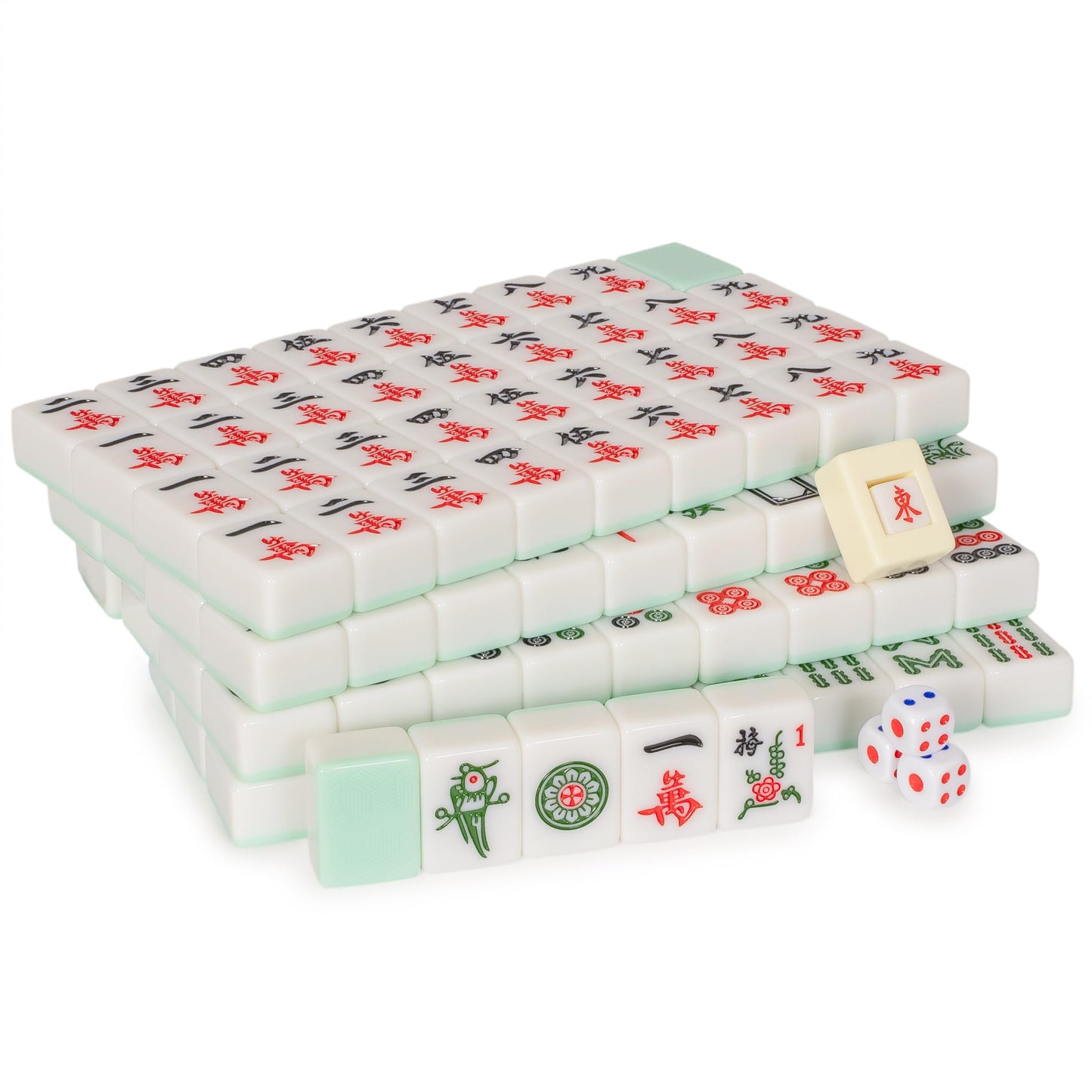 Yellow Mountain Imports Emerald Weave Chinese Mahjong Set, With 146 Large 1.6-Inch Tiles, Green Vinyl Case, Wind Indicator And D