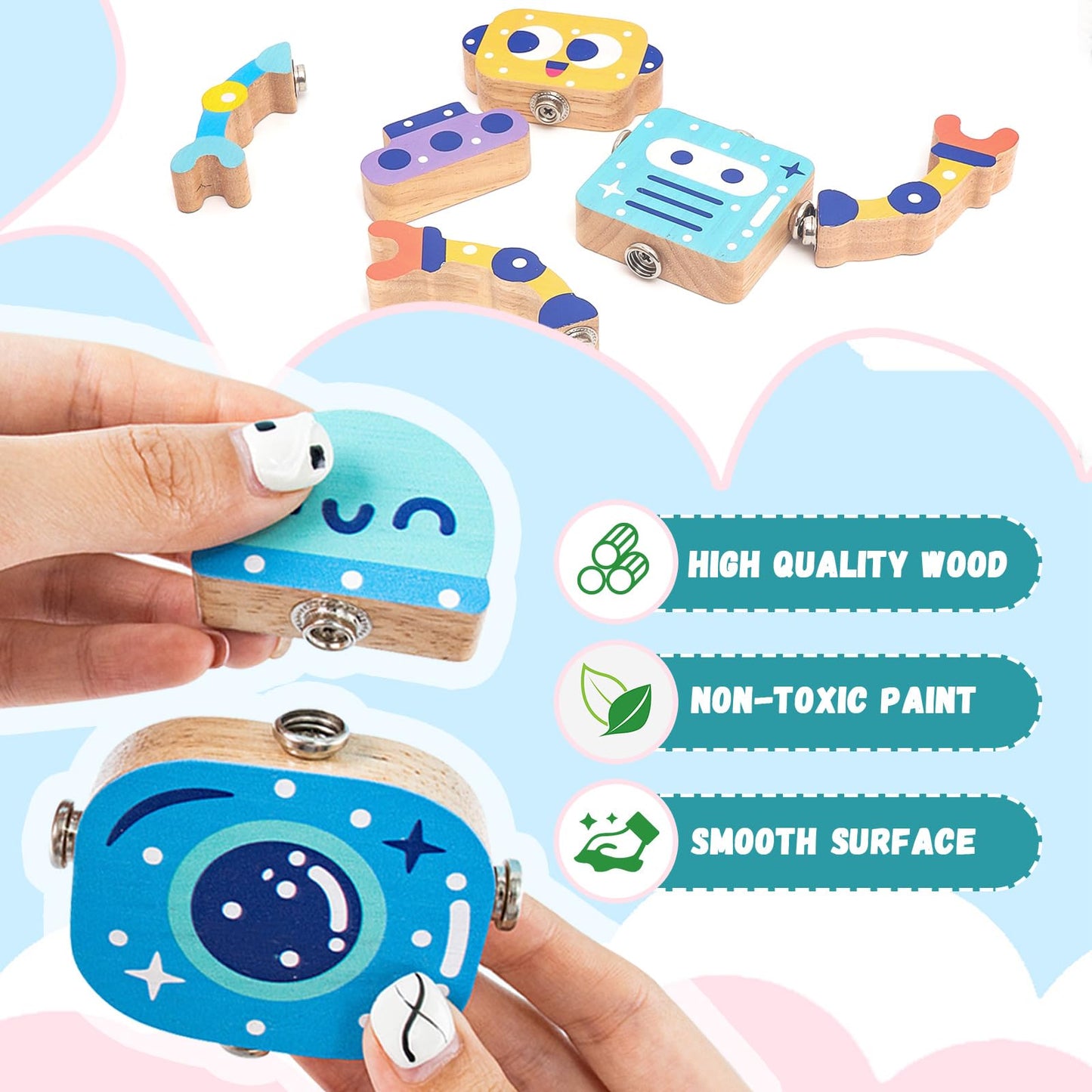 HAPGFS Wooden Robot Building Blocks Set - STEM Toys for Toddlers, 28 Pcs Montessori Fine Motor Skills Playset, Medium Size