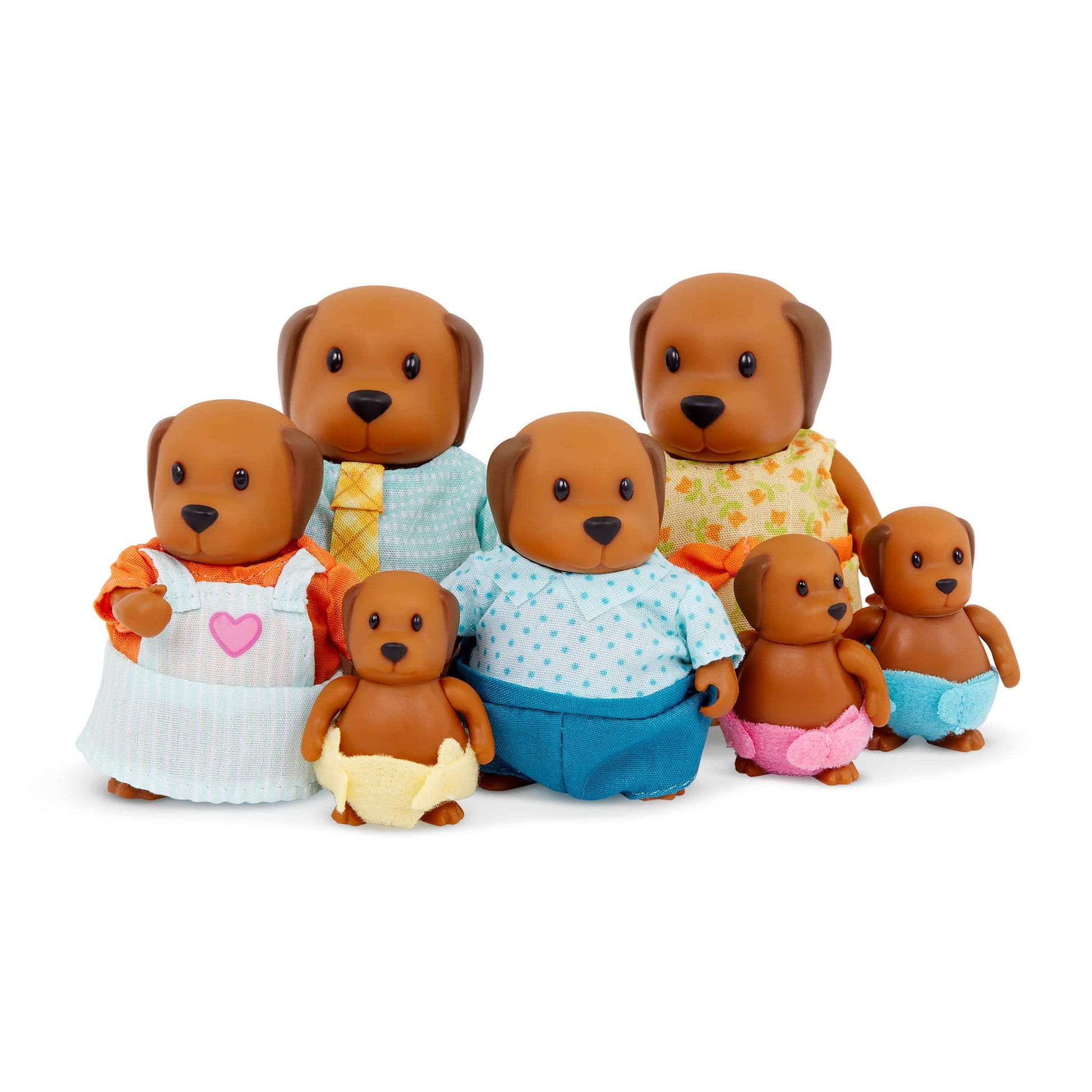 Lil Woodzeez - Chocolate Lab Family - 7 Pieces Posable Dog Figurines Set - Easy to Clean Collectible Animal Toys - Family Fun f