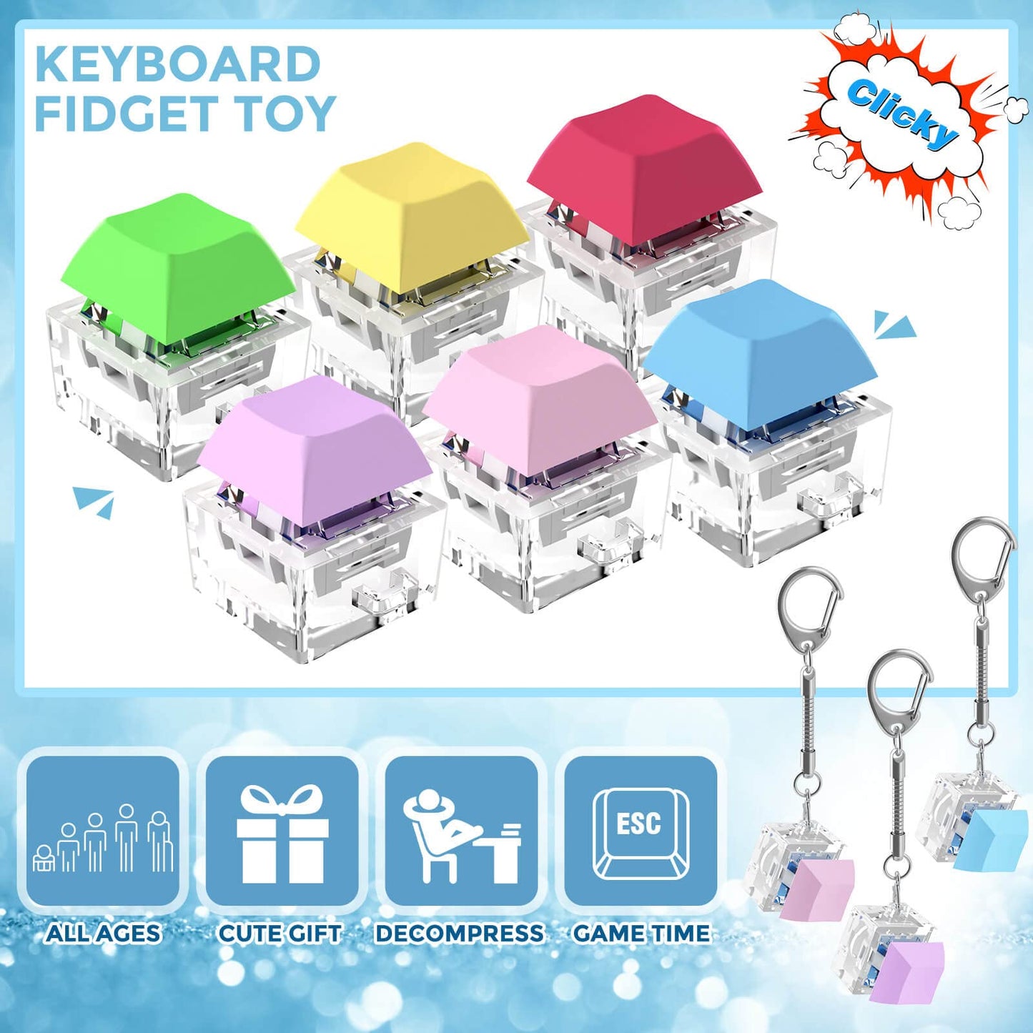 Keyboard Fidget Toys  Keyboard Fidget Keychain Keyboard Decompression Toys Keyboard Fidget Toy Button Stress Relief Gifts for mature-themed and Kids Finger Clicker Toys ADHD Toy Cool Fidgets(6PCS)