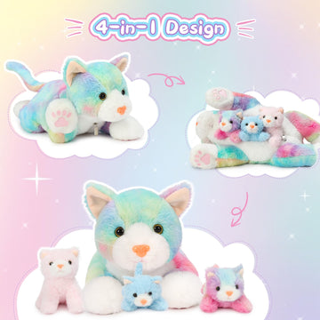 Muiteiur 4 Piece Cats Stuffed Animals, 15.7 Inch Mom Plush Cat With 3 Kittens Stuffed In Zipper Pouch, Cute Rainbow Mom And Baby