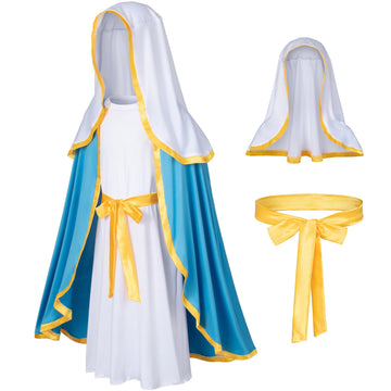 Irtysh Classic Girl Biblical Religious Virgin Mary Costume Fancy Dress Costume Headwrap Hat Waist Rope Set(7-8Years)