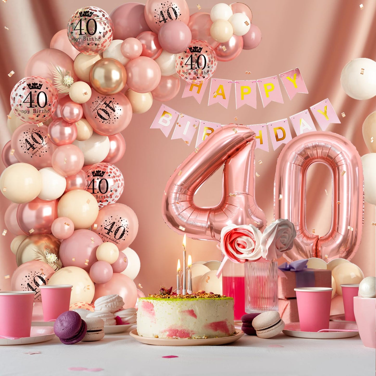 40Th Birthday Decorations For Women,Rose Gold 40Th Birthday Balloon Arch Garland Kit With Happy 40Th Birthday Number 40 Foil Bal