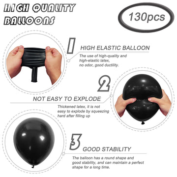 130Pcs Black Balloons Different Sizes 18'' 12'' 10'' 5'' Balloon Garland Arch Kit Perfect For Birthday Party, Graduation, Baby S