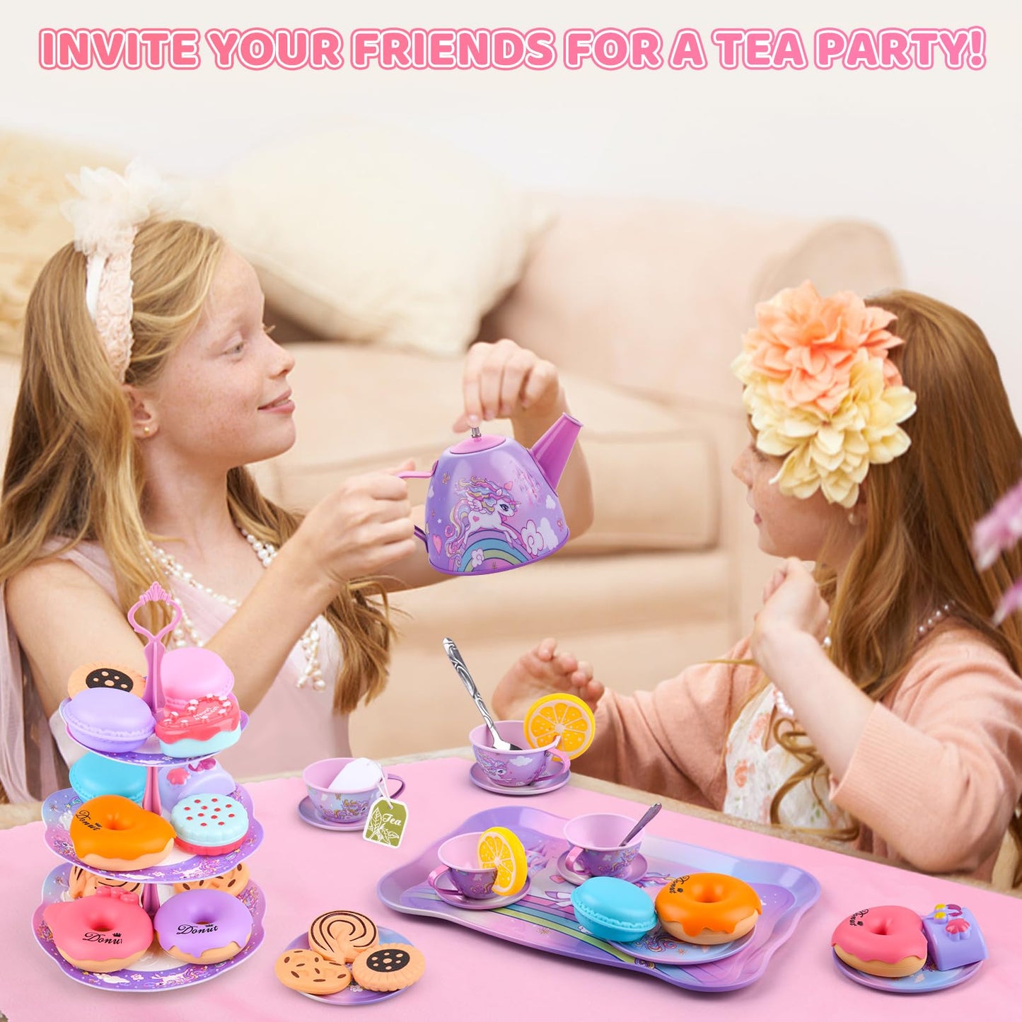 Auney Tea Set Toys for Girls 36pcs, Unicorn Tea Party Toy Pretend Play Toddler Toys, Girls Toys for Birthday Including Carrying