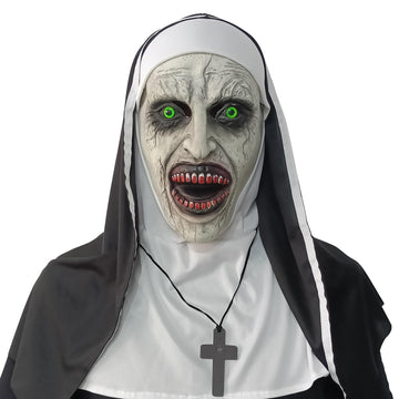 lewexiison 2024 Nun Scary Mask,Halloween Party Scary Full Head Costume Mask with cross necklace,Blood mouth