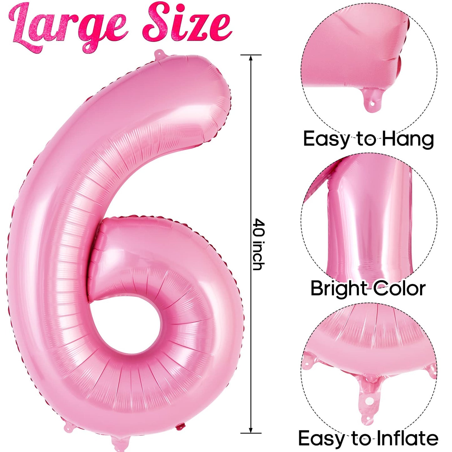 Pink Number 6 Balloon 40 Inch, Big Large Foil Helium Number Balloons, Jumbo Giant Mylar Number 6 Balloons For 6 Year Old Birthda