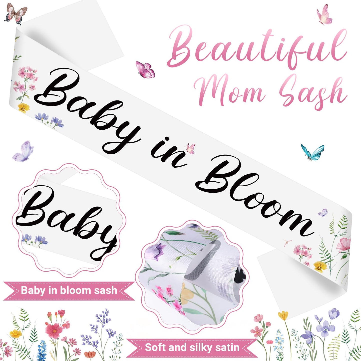 Ceenna Wildflower Baby Shower Decorations Baby in Bloom Floral Mom to Be Sash and Dad to Be Pin Flower Crown for Gender Reveals