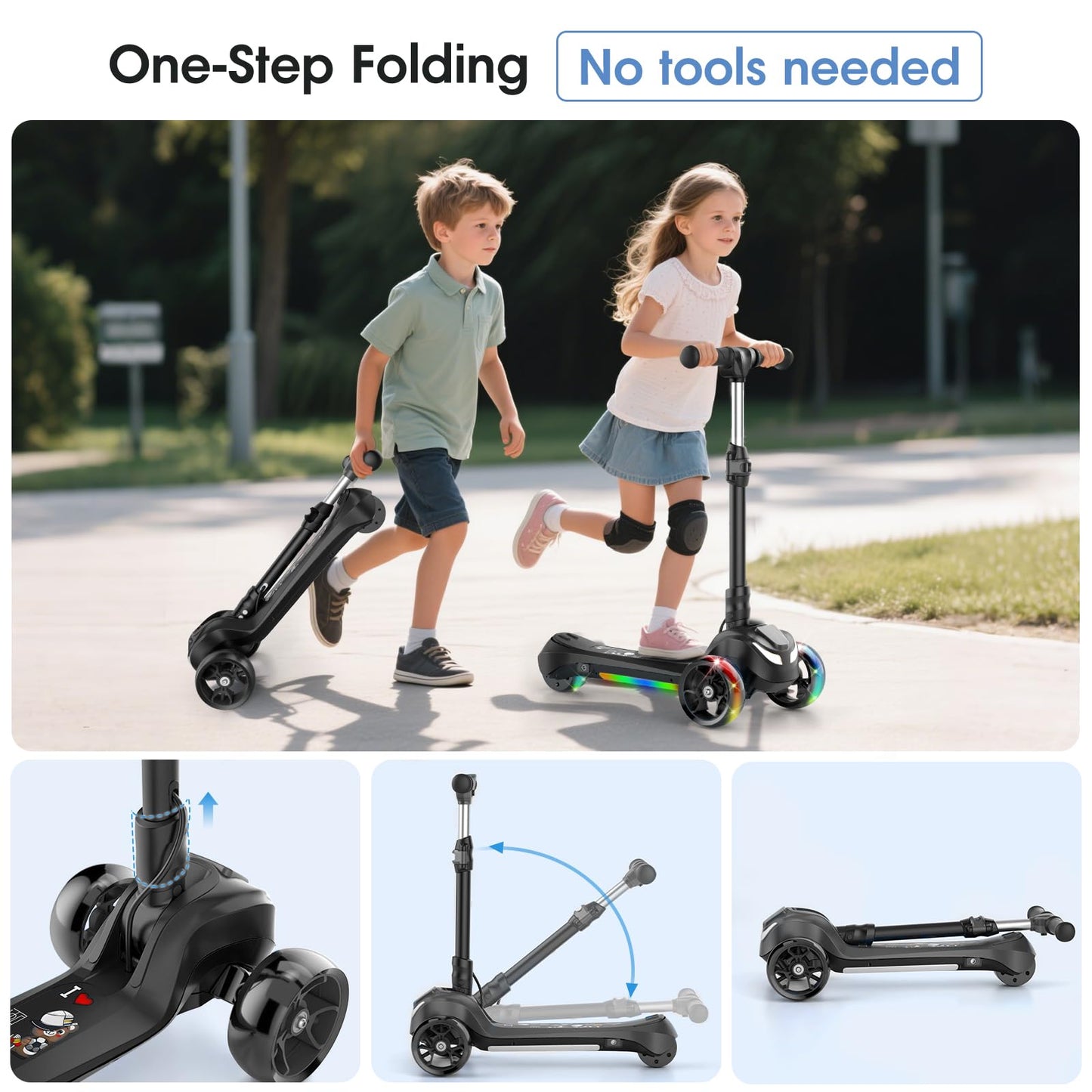 Electric Scooter for Kids Ages 3-12, 3-Wheel Electric Scooter, Electric Kick Scooter with 2 Speed, Long Battery Life, Bluetooth