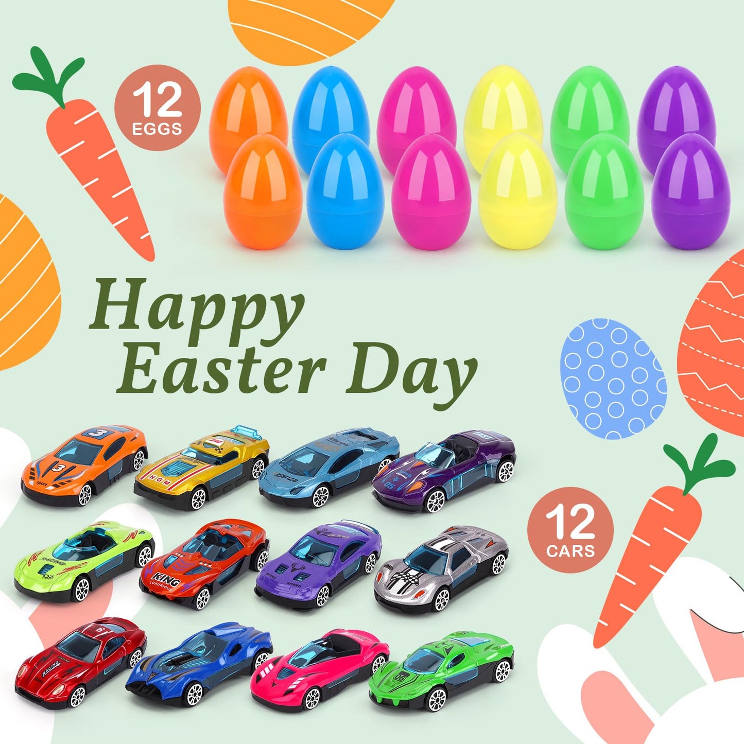 Konijiwa 12 Packs Prefilled Easter Eggs with Car Toys, Easter Basket Stuffer,Party Favors for Kids Classroom,Toys for 3+ Years O