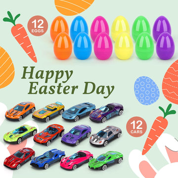 Konijiwa 12 Packs Prefilled Easter Eggs with Car Toys, Easter Basket Stuffer,Party Favors for Kids Classroom,Toys for 3+ Years O