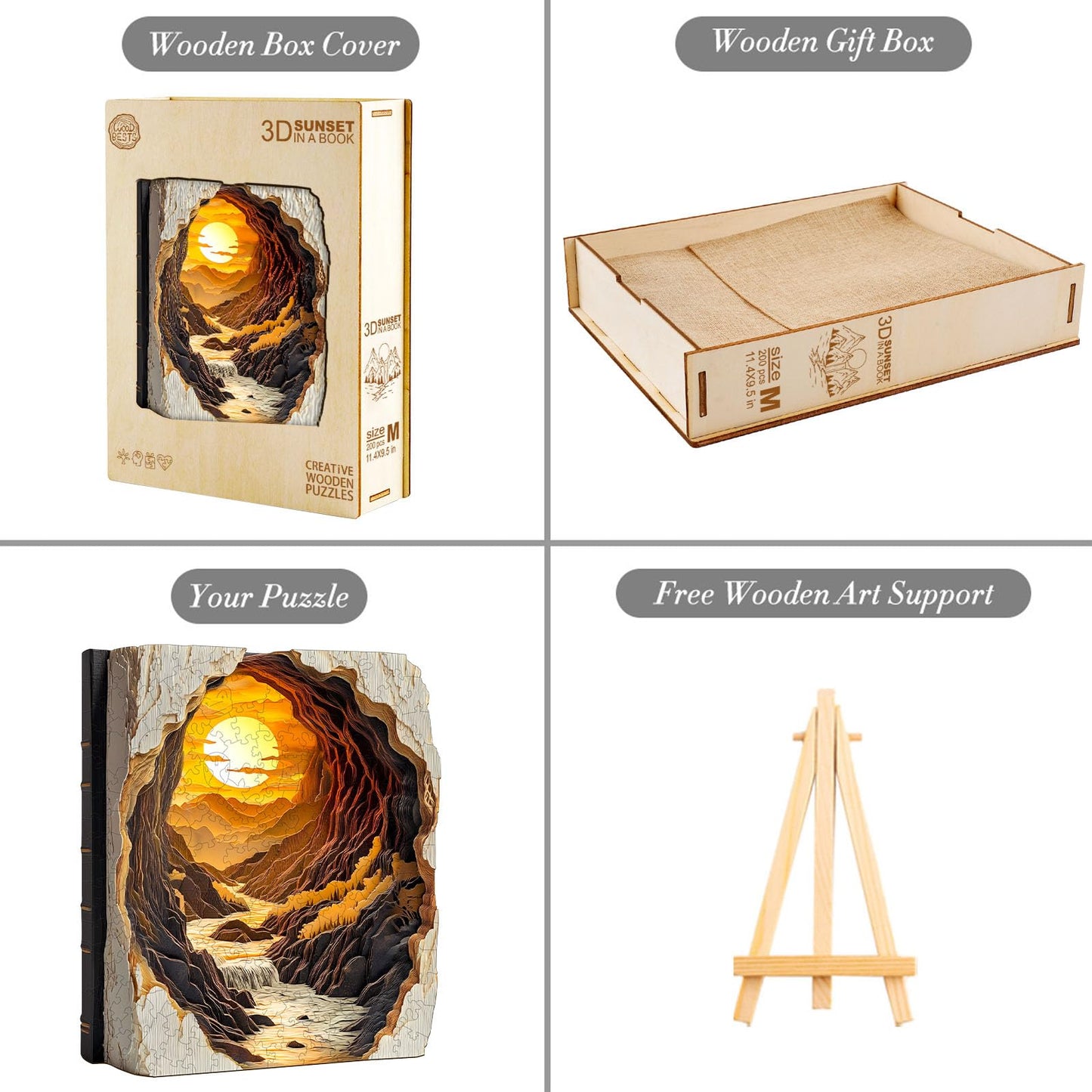 Wooden Puzzles for mature-themeds  3D Vision Effect Sunset Book Wooden Jigsaw Puzzle Unique Shape Wood Puzzle mature-themed  Challenge Flat Puzzle Birthday Gifts Family Game (L-13.4 * 11.2in-285pcs)