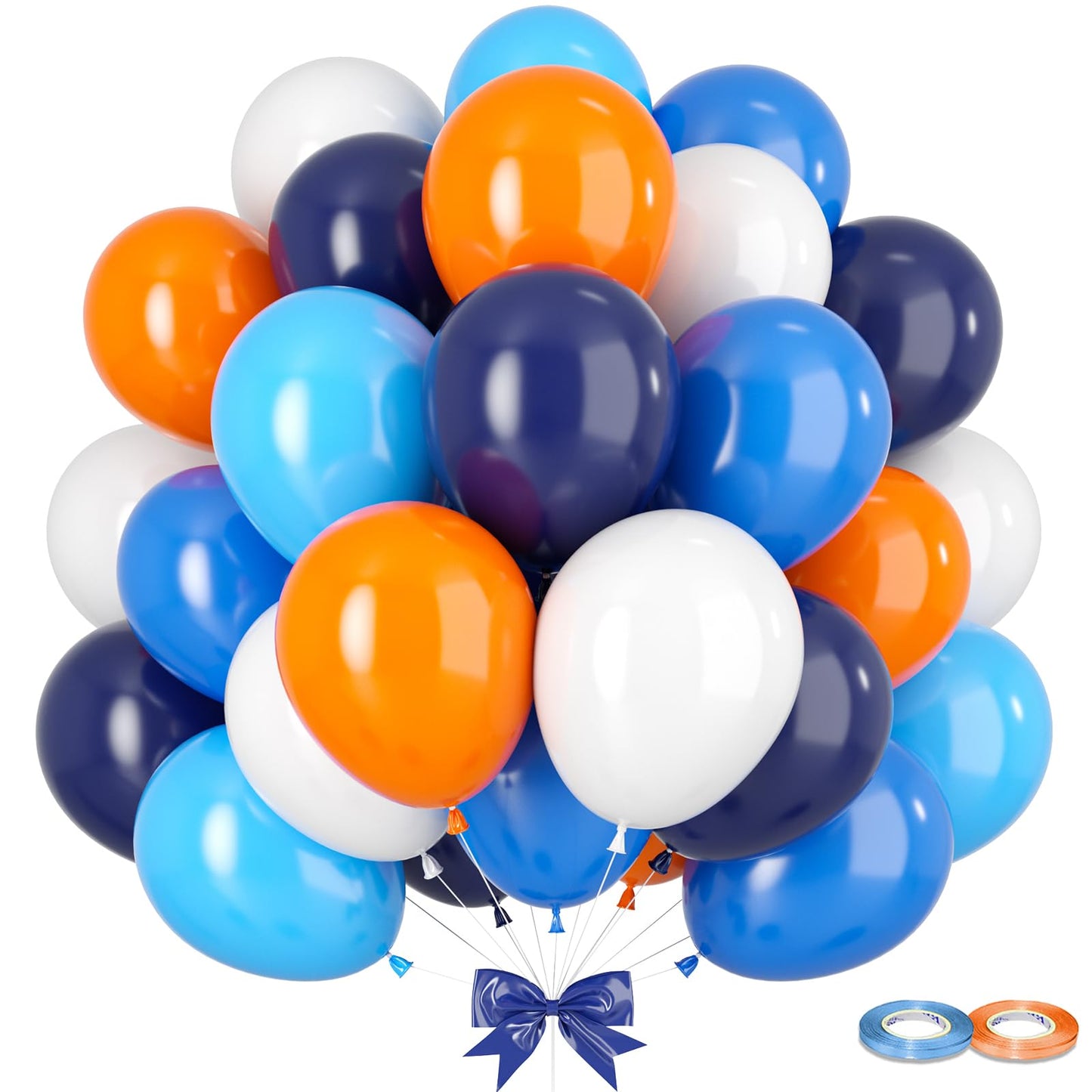 Gremag Blue And Orange Balloons, 12Inch Navy Blue Dark Light Blue White Orange Balloon Kit With Ribbons, 60Pcs Latex Balloons Fo