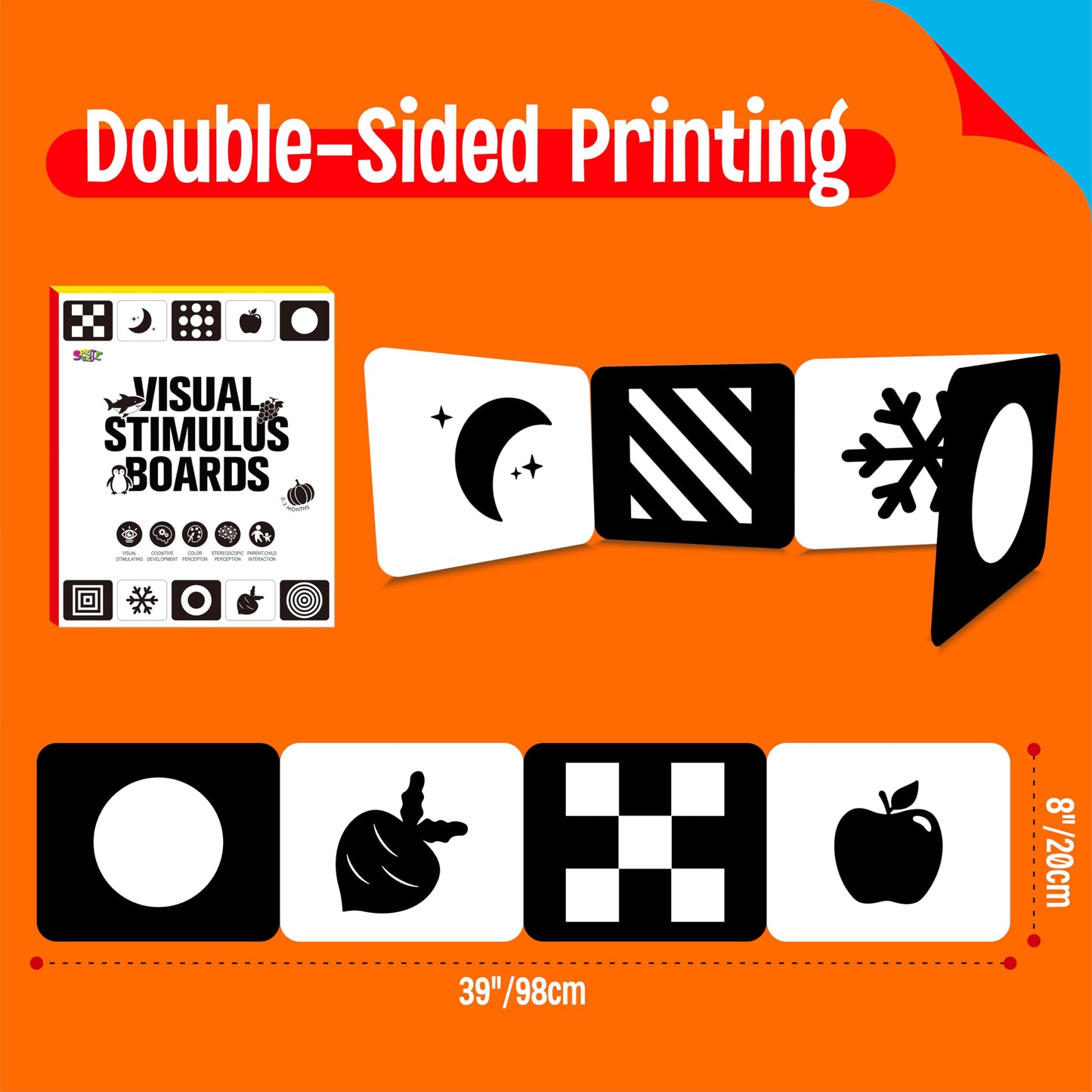 SpriteGru Baby Visual Stimulus Cards - 2 PCS Double-Sided Black and White Flashcards, 39” x 8” for Sensory Development, Montessori Toys