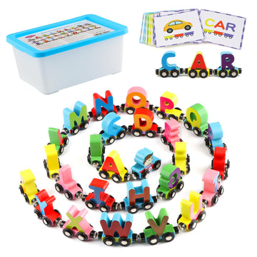 Wondertoys Wooden Alphabet Train Toy 27 Pcs Magnetic Alphabet Abc Letter Train Set Includes 42 Pcs Flash Cards, 1 Engine And 1 Storage Box For Toddlers Kids Boys And Girls
