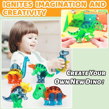 Hacocola Dinosaur Magnetic Tiles, Educational Magnet Tiles Building Block Toy Dino World, Learning Construction Magnetic Toys Se