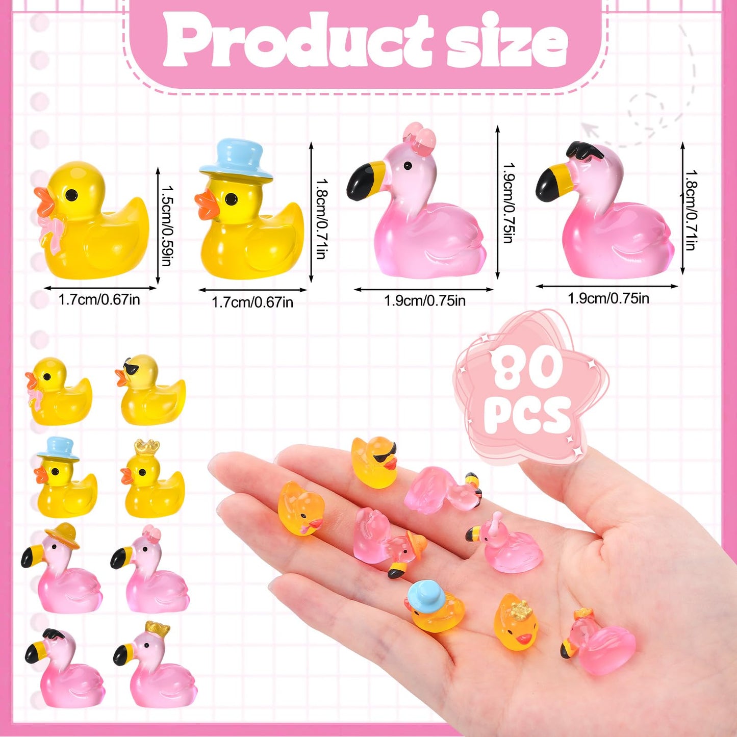 GGSTDDUP 80 Pcs Mini Resin Flamingo Ducks  Luminous Tiny Ducks Figurines to Hide  Miniature Pink Flamingo Glow in The Dark for DIY Landscape  Fairy Garden  Dollhouse  Aquarium  Cake Decor (8 Styles)