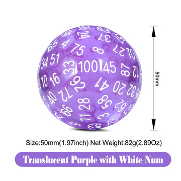Purple D100 Dice Set DNDND 50mm 100 Sided Die with Translucent Pouch for Dungeons and Dragons DND(Translucent Purple with White