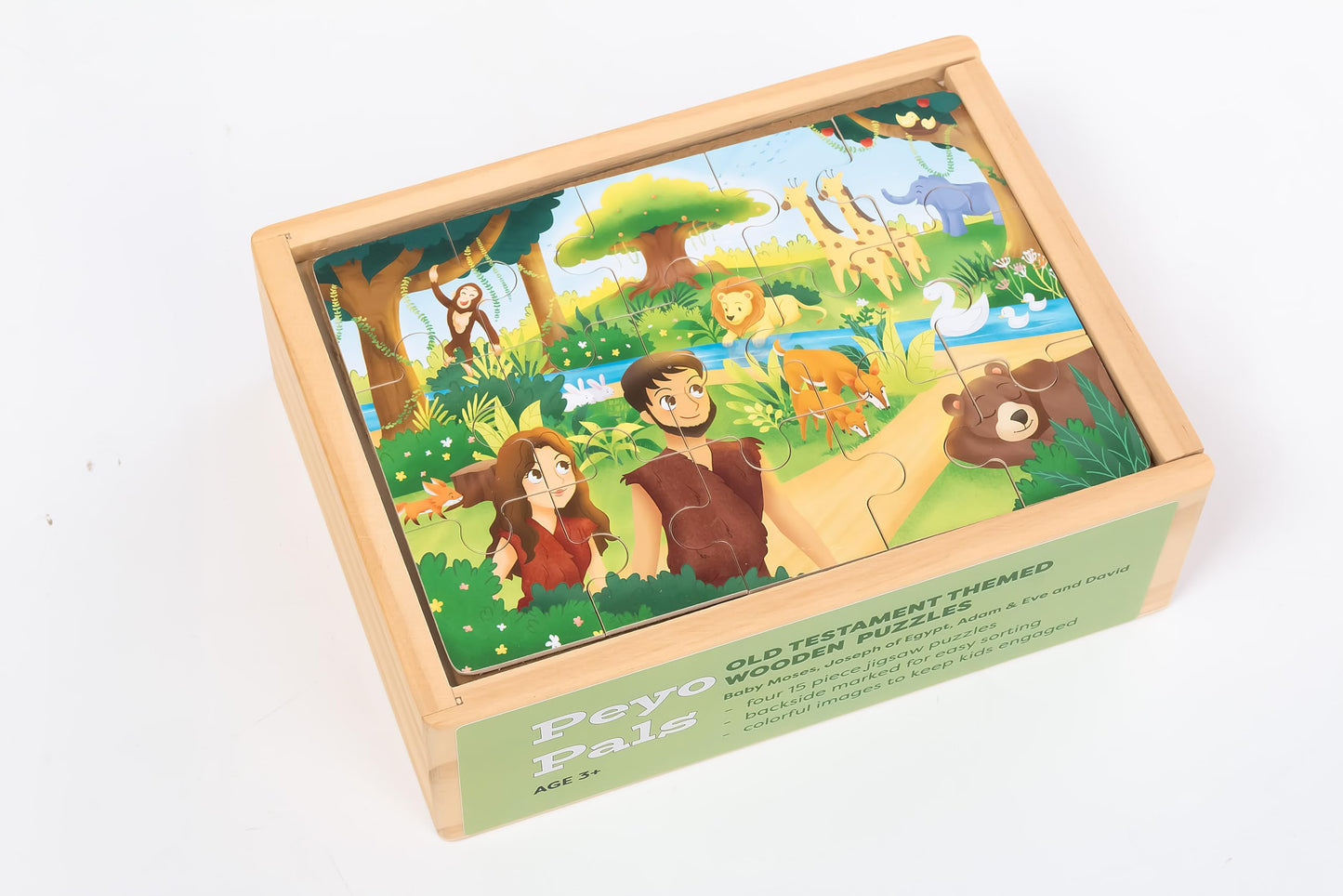 PEYO PALS Bible Puzzles Toddlers 2-4 | 4-in-1 Wooden Jigsaw Puzzles in Box (15 pcs Each) | Christian Gifts for Kids | Preschool