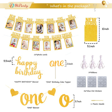1St Birthday Baby Photo Banner, Happy Birthday Banner, First Birthday Decorations For Boy Newborn To 12 Months, 17Pcs Monthly Mi