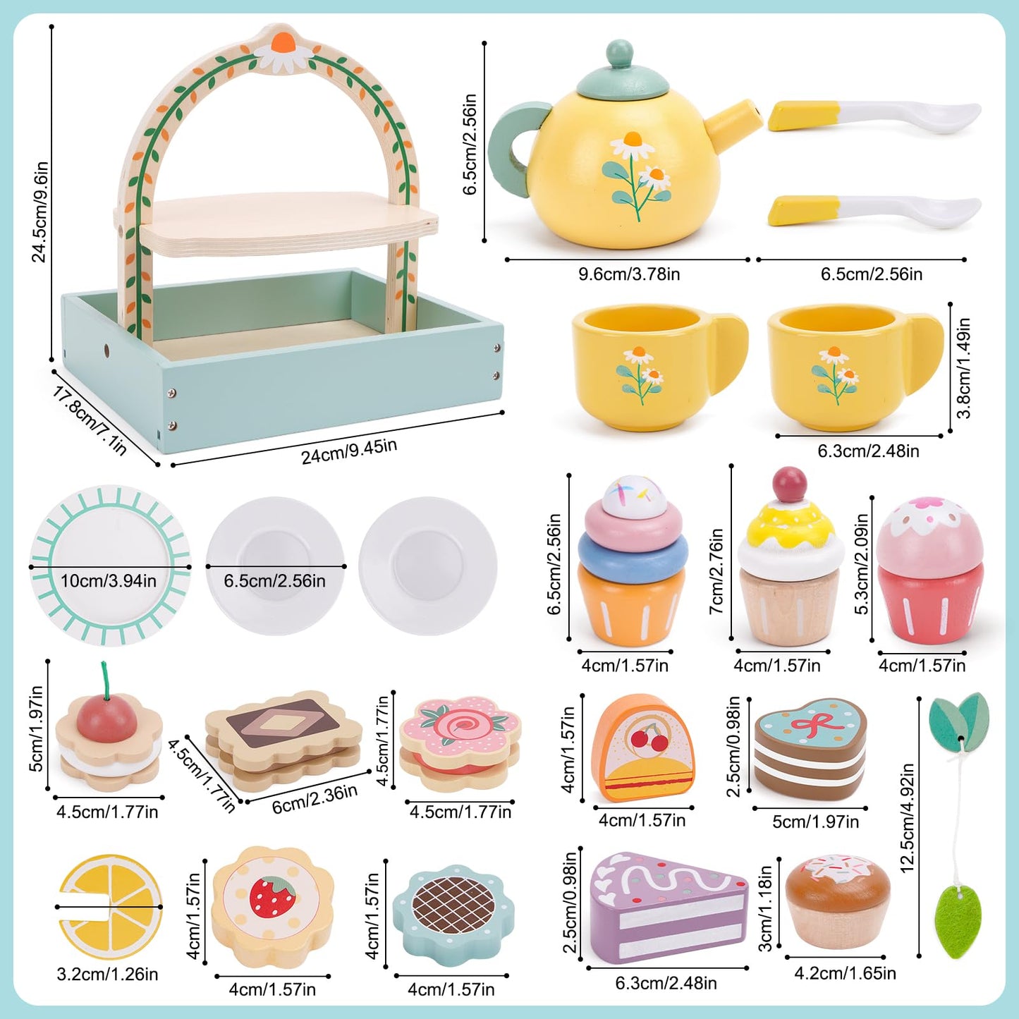 Wooden Tea Party Set for Little Girls, Tea Set Toddler Girl Toys, Pretend Play Tea Sets for Toddlers 3-5, Wooden Toys with Cupca